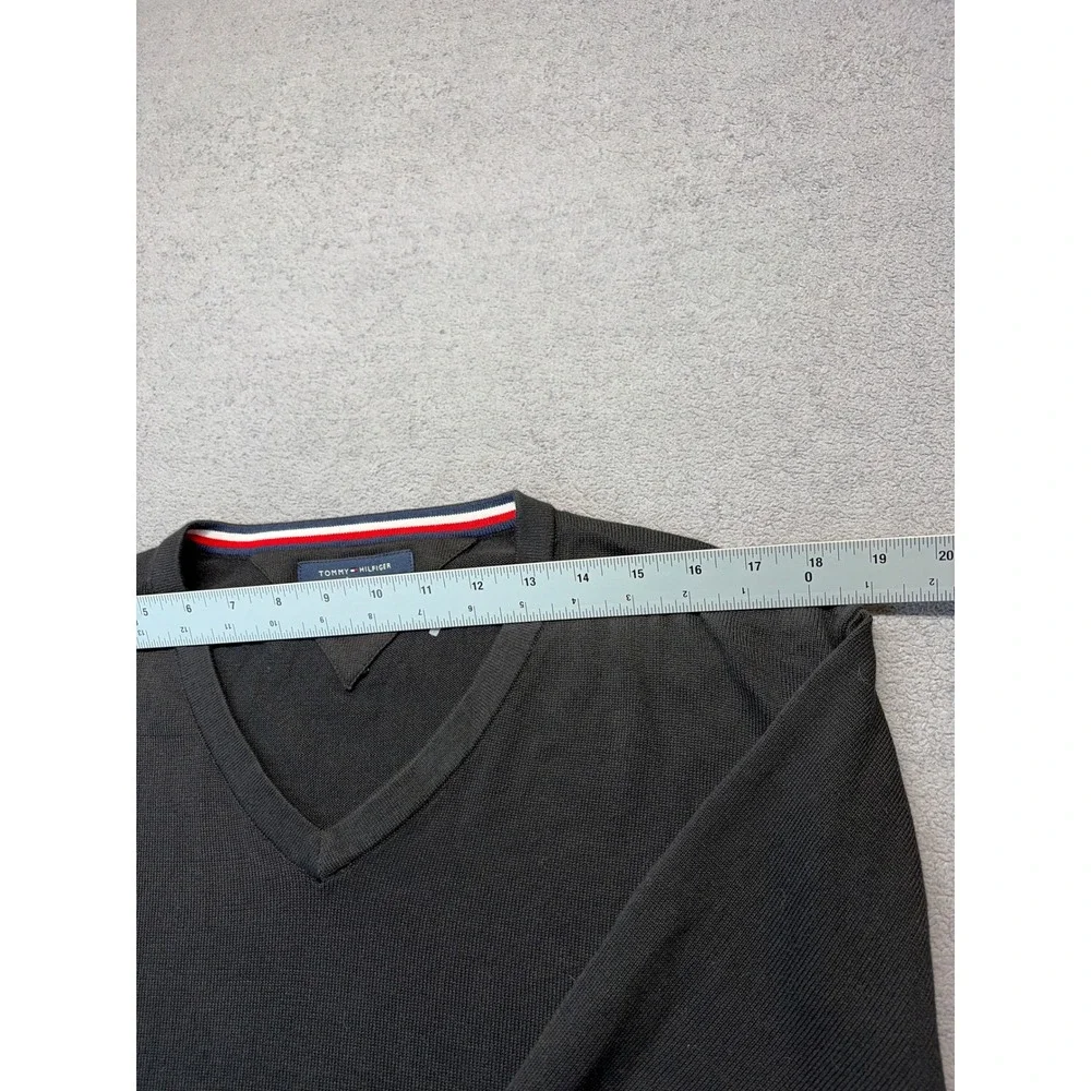 Tommy Hilfiger Men XXL Black Premium Cotton V-Neck Logo Knit Sweater Long Sleeve